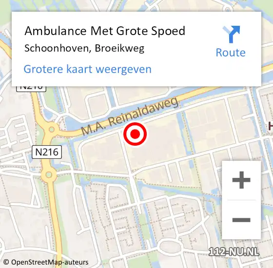 Locatie op kaart van de 112 melding: Ambulance Met Grote Spoed Naar Schoonhoven, Broeikweg op 30 november 2022 11:02