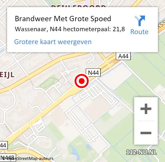 Locatie op kaart van de 112 melding: Brandweer Met Grote Spoed Naar Wassenaar, N44 hectometerpaal: 21,8 op 30 november 2022 12:02