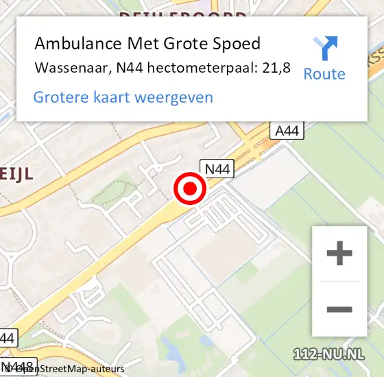 Locatie op kaart van de 112 melding: Ambulance Met Grote Spoed Naar Wassenaar, N44 hectometerpaal: 21,8 op 30 november 2022 12:02