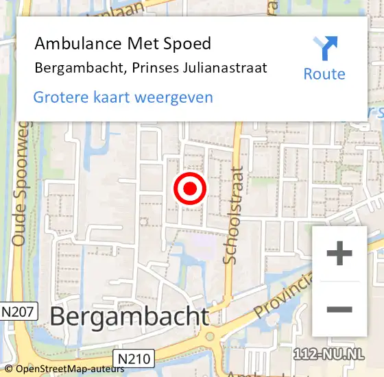 Locatie op kaart van de 112 melding: Ambulance Met Spoed Naar Bergambacht, Prinses Julianastraat op 30 november 2022 14:11