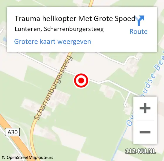 Locatie op kaart van de 112 melding: Trauma helikopter Met Grote Spoed Naar Lunteren, Scharrenburgersteeg op 30 november 2022 14:25