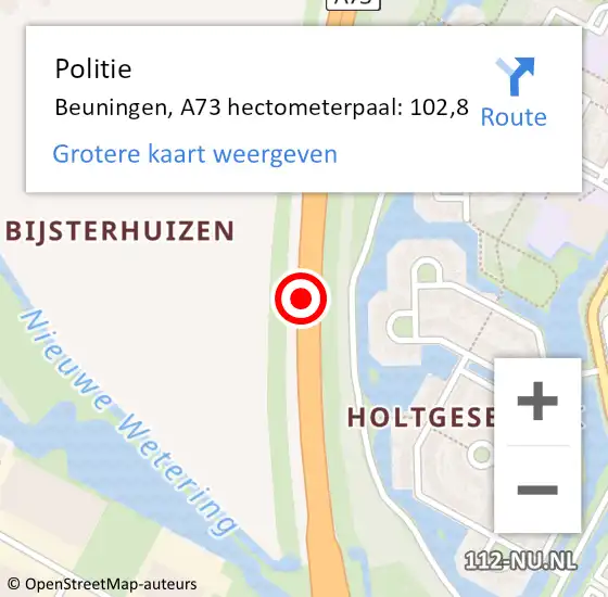 Locatie op kaart van de 112 melding: Politie Beuningen, A73 hectometerpaal: 102,8 op 30 november 2022 16:21