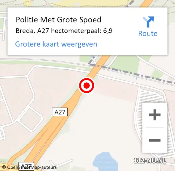 Locatie op kaart van de 112 melding: Politie Met Grote Spoed Naar Breda, A27 hectometerpaal: 6,9 op 30 november 2022 16:25