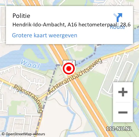 Locatie op kaart van de 112 melding: Politie Hendrik-Ido-Ambacht, A16 hectometerpaal: 28,6 op 30 november 2022 17:15