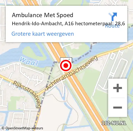 Locatie op kaart van de 112 melding: Ambulance Met Spoed Naar Hendrik-Ido-Ambacht, A16 hectometerpaal: 28,6 op 30 november 2022 17:16