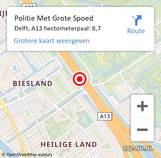 Locatie op kaart van de 112 melding: Politie Met Grote Spoed Naar Delft, A13 hectometerpaal: 8,7 op 30 november 2022 17:17