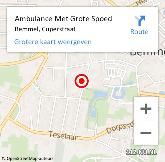 Locatie op kaart van de 112 melding: Ambulance Met Grote Spoed Naar Bemmel, Cuperstraat op 30 november 2022 23:16