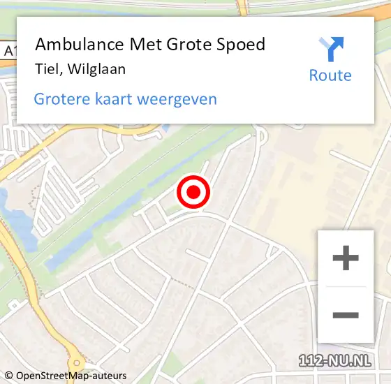 Locatie op kaart van de 112 melding: Ambulance Met Grote Spoed Naar Tiel, Wilglaan op 1 december 2022 02:08