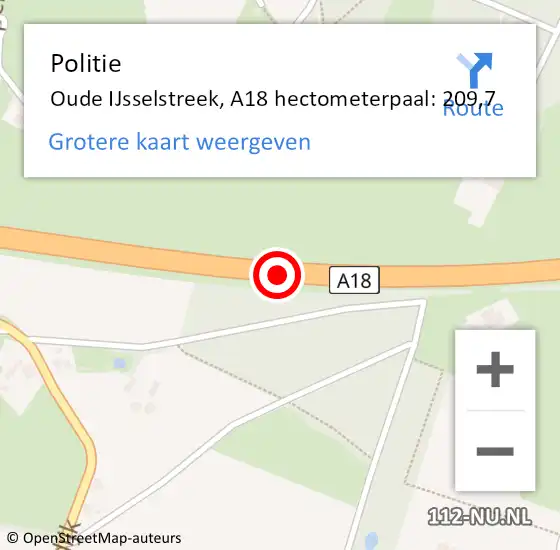 Locatie op kaart van de 112 melding: Politie Oude IJsselstreek, A18 hectometerpaal: 209,7 op 1 december 2022 03:00