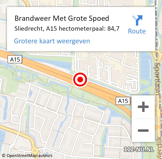 Locatie op kaart van de 112 melding: Brandweer Met Grote Spoed Naar Sliedrecht, A15 hectometerpaal: 84,7 op 1 december 2022 06:00