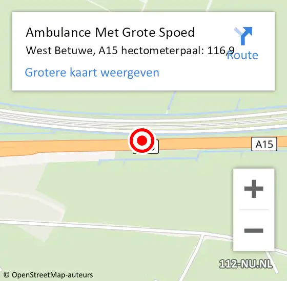 Locatie op kaart van de 112 melding: Ambulance Met Grote Spoed Naar West Betuwe, A15 hectometerpaal: 116,9 op 1 december 2022 07:49