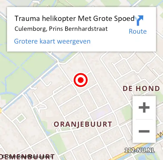 Locatie op kaart van de 112 melding: Trauma helikopter Met Grote Spoed Naar Culemborg, Prins Bernhardstraat op 1 december 2022 09:35