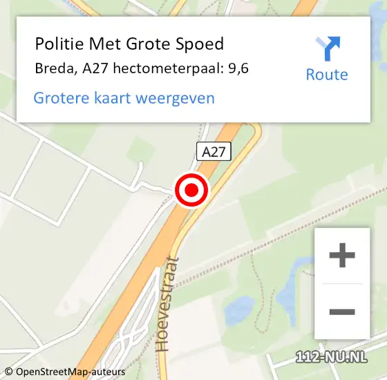 Locatie op kaart van de 112 melding: Politie Met Grote Spoed Naar Breda, A27 hectometerpaal: 9,6 op 1 december 2022 14:47