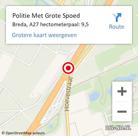 Locatie op kaart van de 112 melding: Politie Met Grote Spoed Naar Breda, A27 hectometerpaal: 9,5 op 1 december 2022 14:48