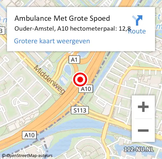 Locatie op kaart van de 112 melding: Ambulance Met Grote Spoed Naar Ouder-Amstel, A10 hectometerpaal: 12,8 op 1 december 2022 14:51