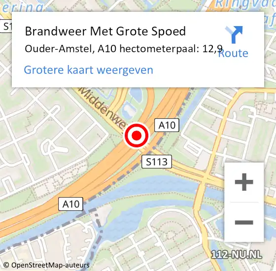 Locatie op kaart van de 112 melding: Brandweer Met Grote Spoed Naar Ouder-Amstel, A10 hectometerpaal: 12,9 op 1 december 2022 14:52