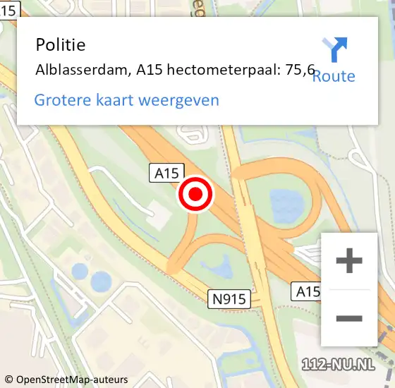 Locatie op kaart van de 112 melding: Politie Alblasserdam, A15 hectometerpaal: 75,6 op 1 december 2022 17:11