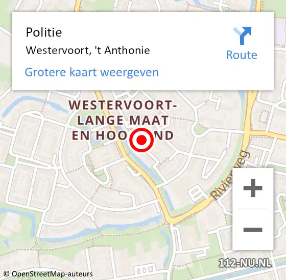 Locatie op kaart van de 112 melding: Politie Westervoort, 't Anthonie op 1 december 2022 19:28