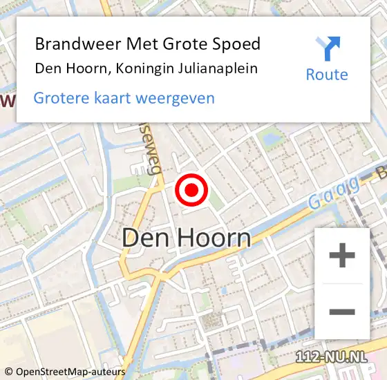 Locatie op kaart van de 112 melding: Brandweer Met Grote Spoed Naar Den Hoorn, Koningin Julianaplein op 1 december 2022 19:38