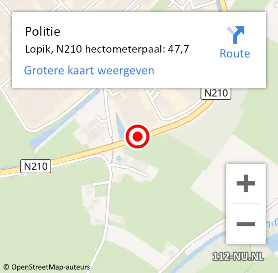 Locatie op kaart van de 112 melding: Politie Lopik, N210 hectometerpaal: 47,7 op 1 december 2022 20:06