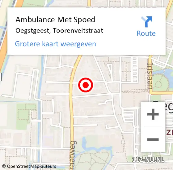 Locatie op kaart van de 112 melding: Ambulance Met Spoed Naar Oegstgeest, Toorenveltstraat op 1 december 2022 21:28