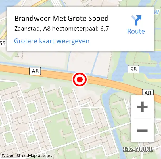 Locatie op kaart van de 112 melding: Brandweer Met Grote Spoed Naar Zaanstad, A8 hectometerpaal: 6,7 op 1 december 2022 22:40