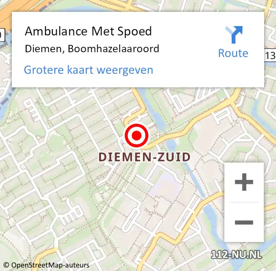 Locatie op kaart van de 112 melding: Ambulance Met Spoed Naar Diemen, Boomhazelaaroord op 1 december 2022 22:51