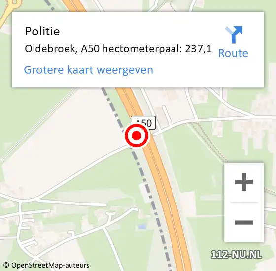 Locatie op kaart van de 112 melding: Politie Oldebroek, A50 hectometerpaal: 237,1 op 1 december 2022 23:13