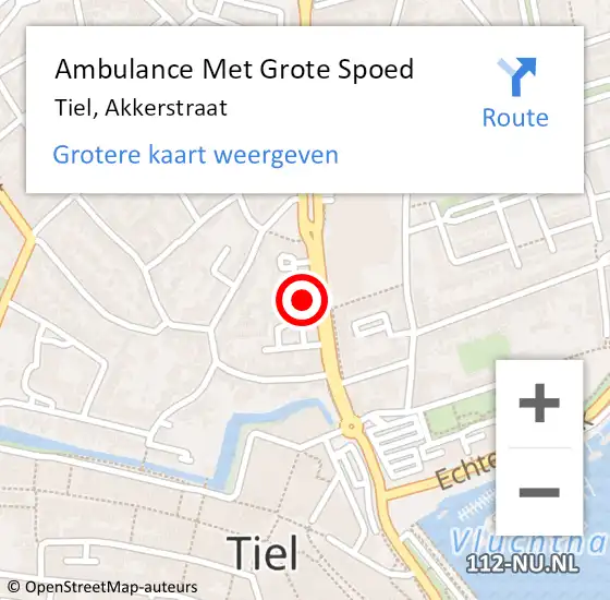 Locatie op kaart van de 112 melding: Ambulance Met Grote Spoed Naar Tiel, Akkerstraat op 2 december 2022 01:28