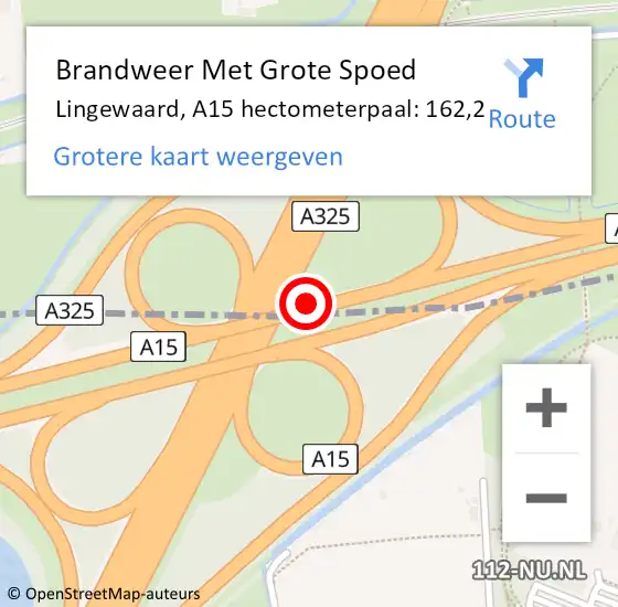 Locatie op kaart van de 112 melding: Brandweer Met Grote Spoed Naar Lingewaard, A15 hectometerpaal: 162,2 op 2 december 2022 02:08
