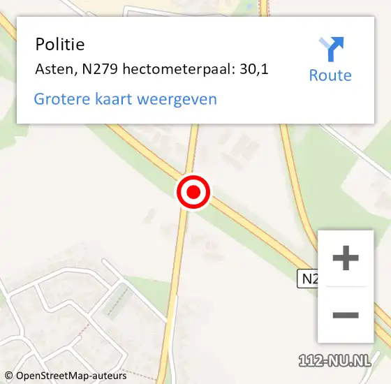 Locatie op kaart van de 112 melding: Politie Asten, N279 hectometerpaal: 30,1 op 2 december 2022 02:59