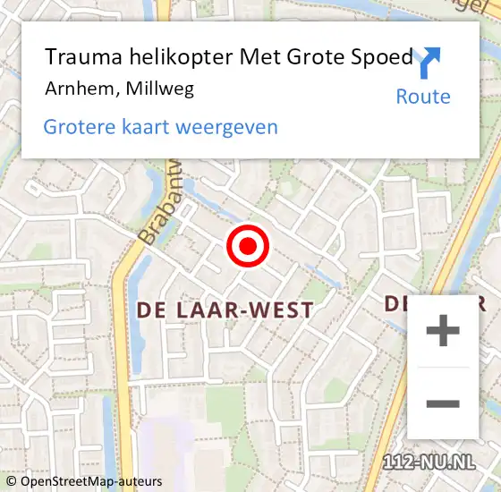Locatie op kaart van de 112 melding: Trauma helikopter Met Grote Spoed Naar Arnhem, Millweg op 2 december 2022 03:45