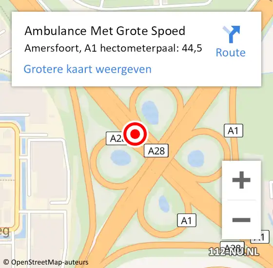 Locatie op kaart van de 112 melding: Ambulance Met Grote Spoed Naar Amersfoort, A1 hectometerpaal: 44,5 op 2 december 2022 07:37