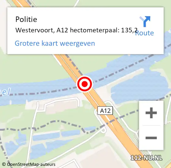 Locatie op kaart van de 112 melding: Politie Westervoort, A12 hectometerpaal: 135,2 op 2 december 2022 07:56