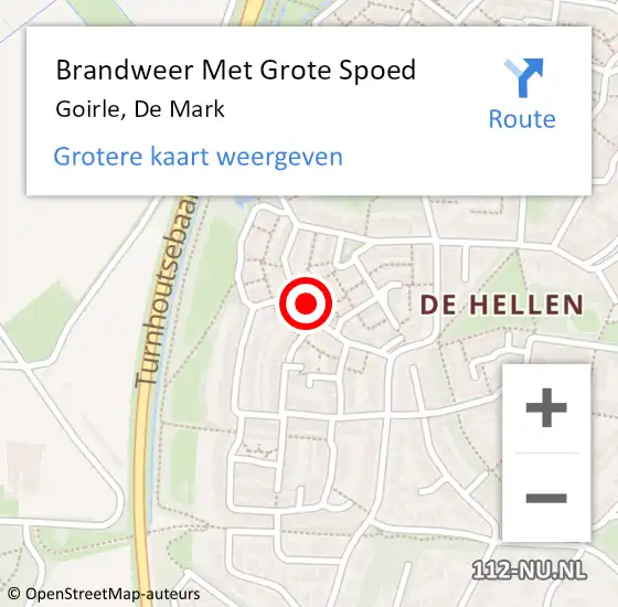 Locatie op kaart van de 112 melding: Brandweer Met Grote Spoed Naar Goirle, De Mark op 2 december 2022 08:02