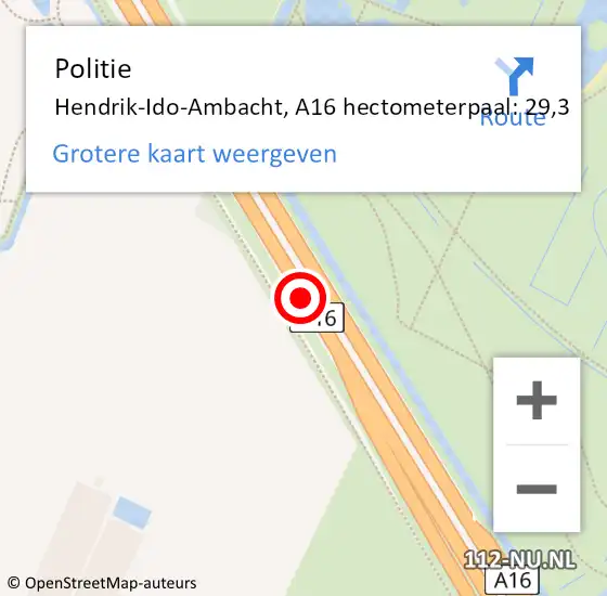 Locatie op kaart van de 112 melding: Politie Hendrik-Ido-Ambacht, A16 hectometerpaal: 29,3 op 2 december 2022 09:50