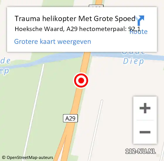 Locatie op kaart van de 112 melding: Trauma helikopter Met Grote Spoed Naar Hoeksche Waard, A29 hectometerpaal: 92,1 op 2 december 2022 11:29