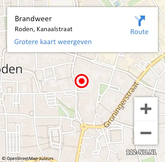 Locatie op kaart van de 112 melding: Brandweer Roden, Kanaalstraat op 2 december 2022 12:45