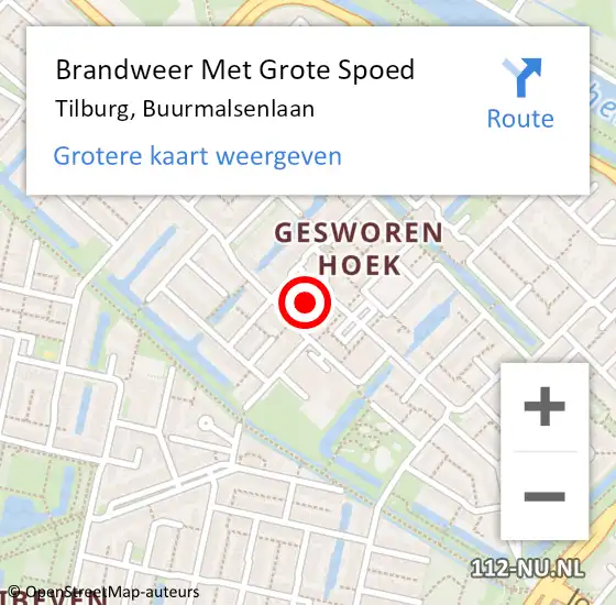 Locatie op kaart van de 112 melding: Brandweer Met Grote Spoed Naar Tilburg, Buurmalsenlaan op 2 december 2022 15:51