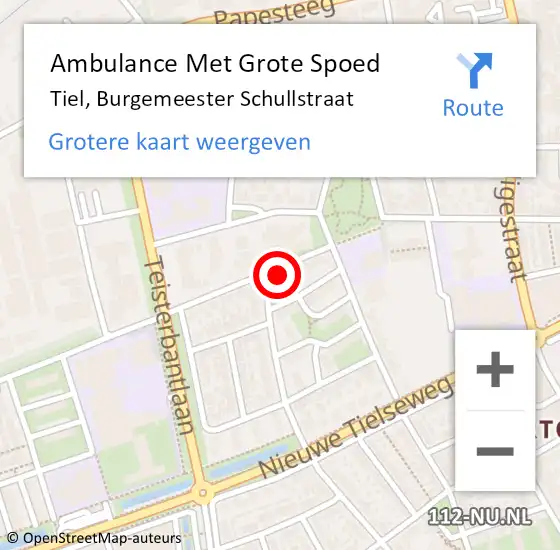 Locatie op kaart van de 112 melding: Ambulance Met Grote Spoed Naar Tiel, Burgemeester Schullstraat op 2 december 2022 18:07