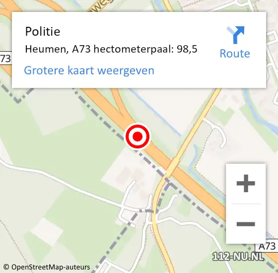 Locatie op kaart van de 112 melding: Politie Heumen, A73 hectometerpaal: 98,5 op 2 december 2022 19:39