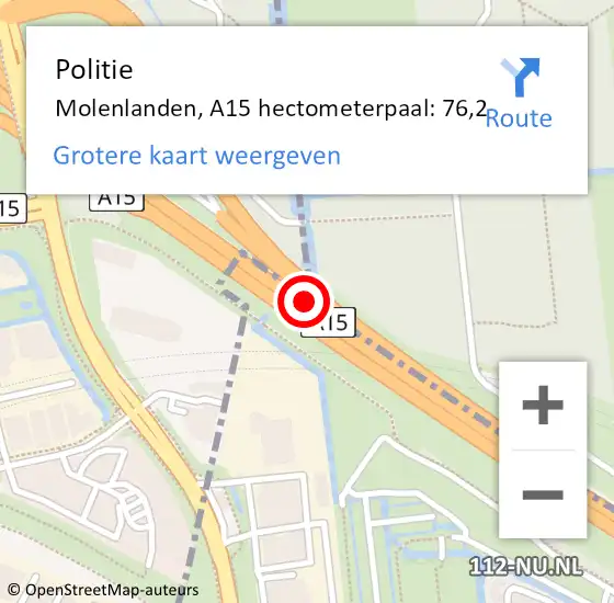 Locatie op kaart van de 112 melding: Politie Molenlanden, A15 hectometerpaal: 76,2 op 2 december 2022 23:27