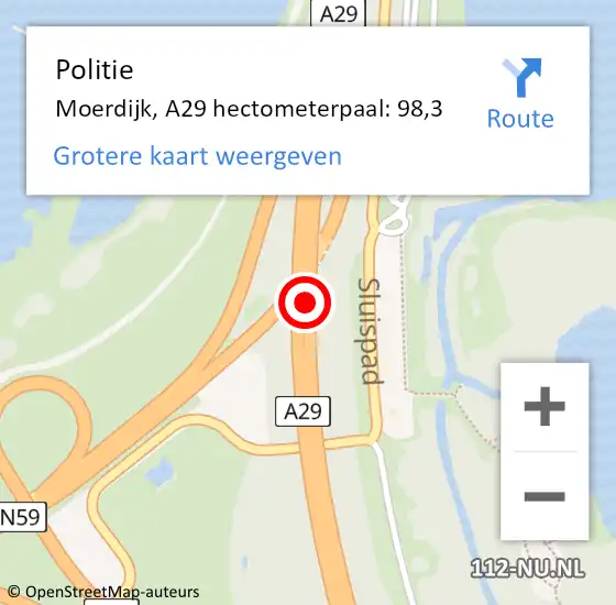 Locatie op kaart van de 112 melding: Politie Moerdijk, A29 hectometerpaal: 98,3 op 3 december 2022 00:23