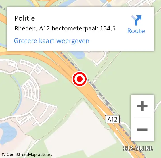 Locatie op kaart van de 112 melding: Politie Rheden, A12 hectometerpaal: 134,5 op 3 december 2022 01:53
