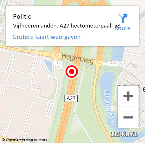 Locatie op kaart van de 112 melding: Politie Vijfheerenlanden, A27 hectometerpaal: 58 op 3 december 2022 05:06