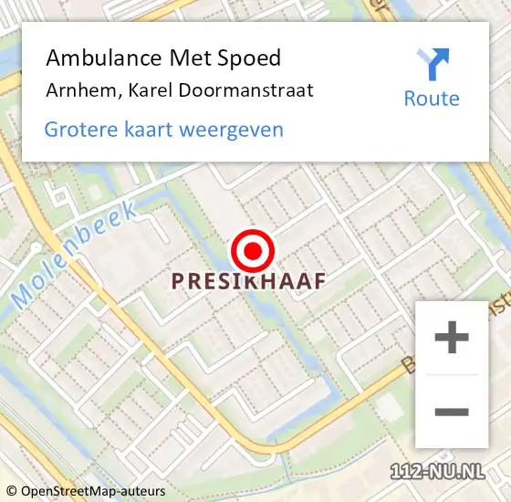 Locatie op kaart van de 112 melding: Ambulance Met Spoed Naar Arnhem, Karel Doormanstraat op 3 december 2022 07:29