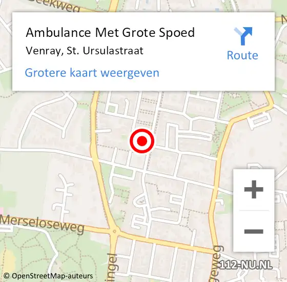 Locatie op kaart van de 112 melding: Ambulance Met Grote Spoed Naar Venray, St. Ursulastraat op 3 december 2022 10:42