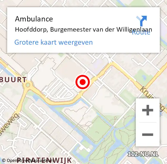 Locatie op kaart van de 112 melding: Ambulance Hoofddorp, Burgemeester van der Willigenlaan op 3 december 2022 11:34