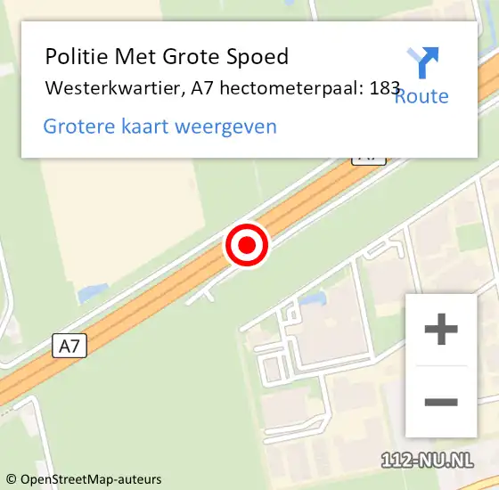 Locatie op kaart van de 112 melding: Politie Met Grote Spoed Naar Westerkwartier, A7 hectometerpaal: 183 op 3 december 2022 15:15
