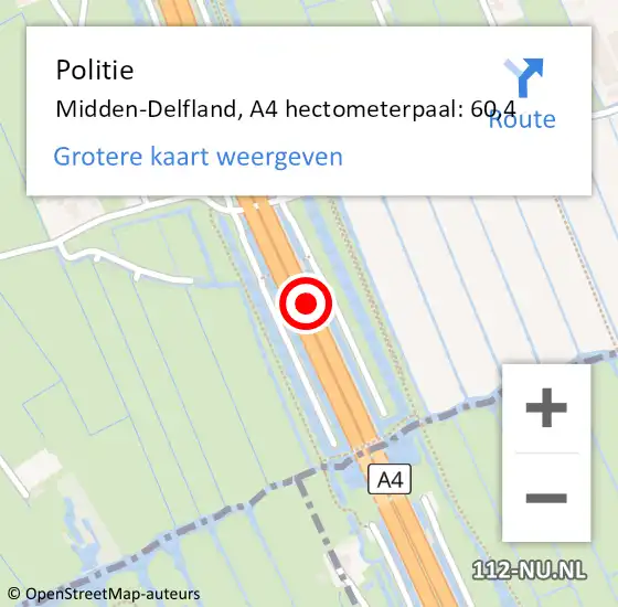 Locatie op kaart van de 112 melding: Politie Midden-Delfland, A4 hectometerpaal: 60,4 op 3 december 2022 17:05